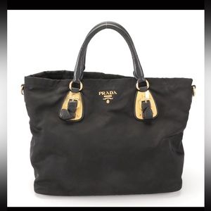 Prada nylon and leather black tote bag.